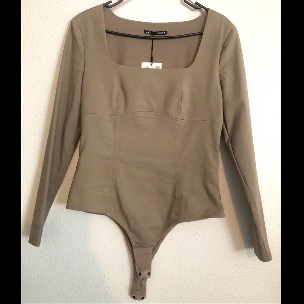 Taupe Zara Long Sleeve square neck line bodysuit